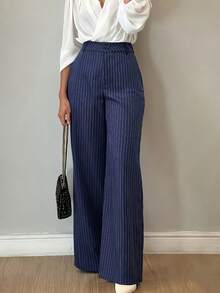 Women's Striped Pocket Casual Versatile Minimalist All-Season Commute Office Loose Straight Leg Pants - Navy Blue - View 5