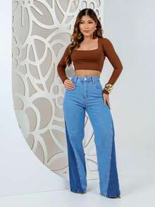 Calça Wide leg   Fofo  Sensual  elegante  Casual    Jeans    Botão  Bolso  Zíper    JEANS   Praia  Férias - Lavagem escura - Visão 2