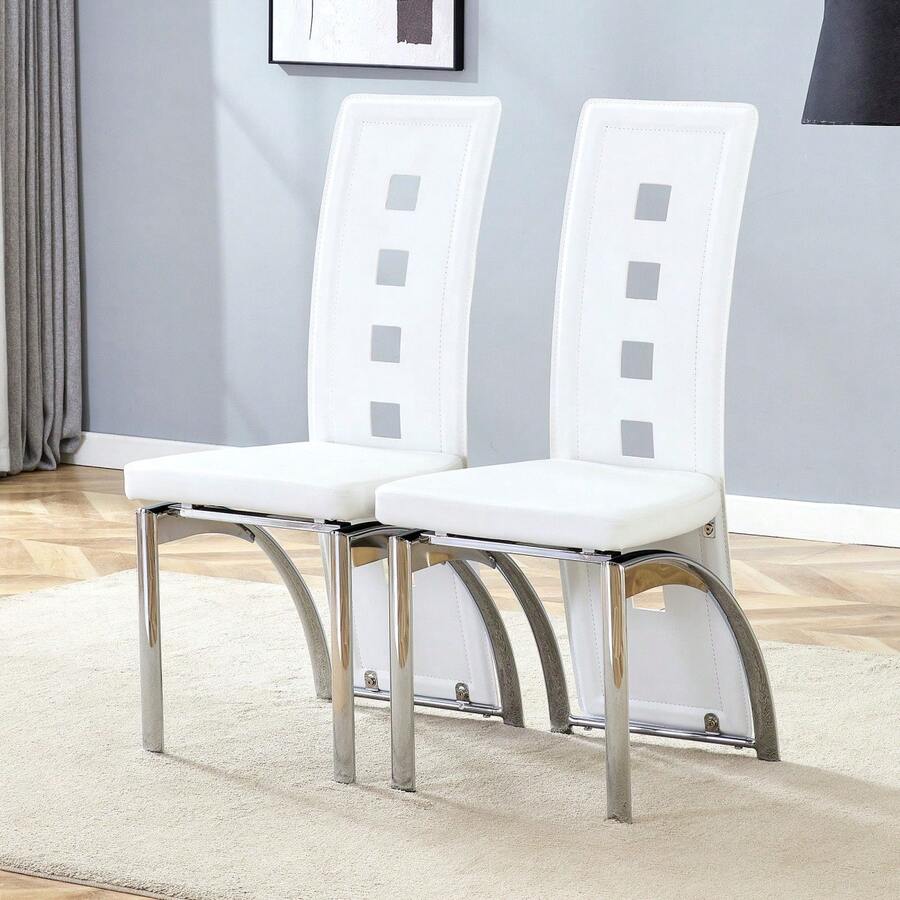 Dining Chairs - White+Silver + Metal + PU Leather + Set Of 2 - View 1
