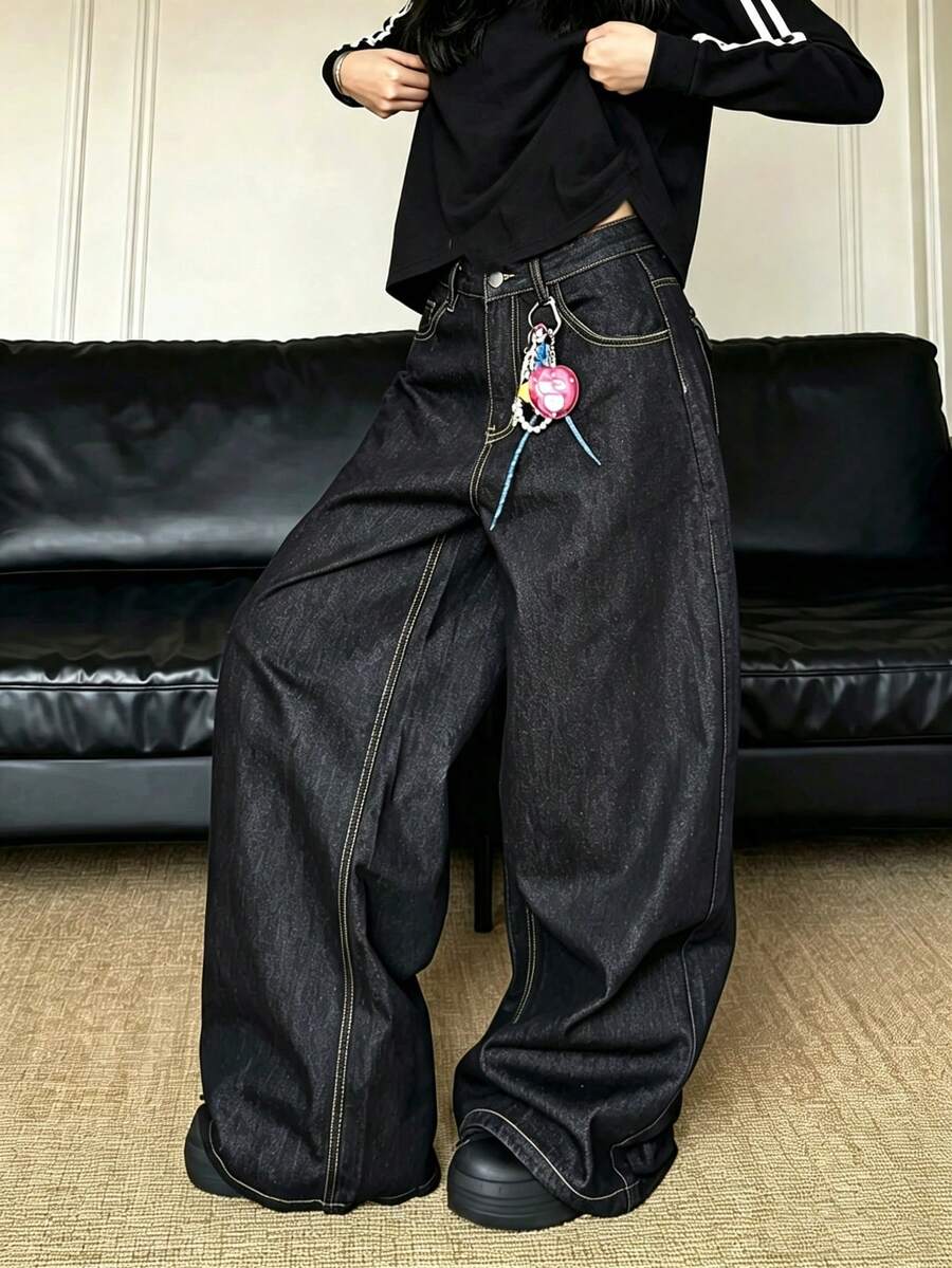 YANGCANREN Teen Girls Fashion Super Loose Vintage Versatile Jeans - Dark Grey - View 1