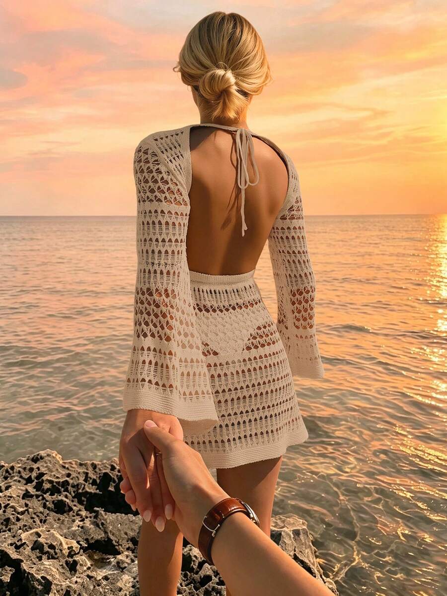 女款春夏海灘洋裝 波西米亞風性感鏤空露背長袖鉤編罩衫度假洋裝