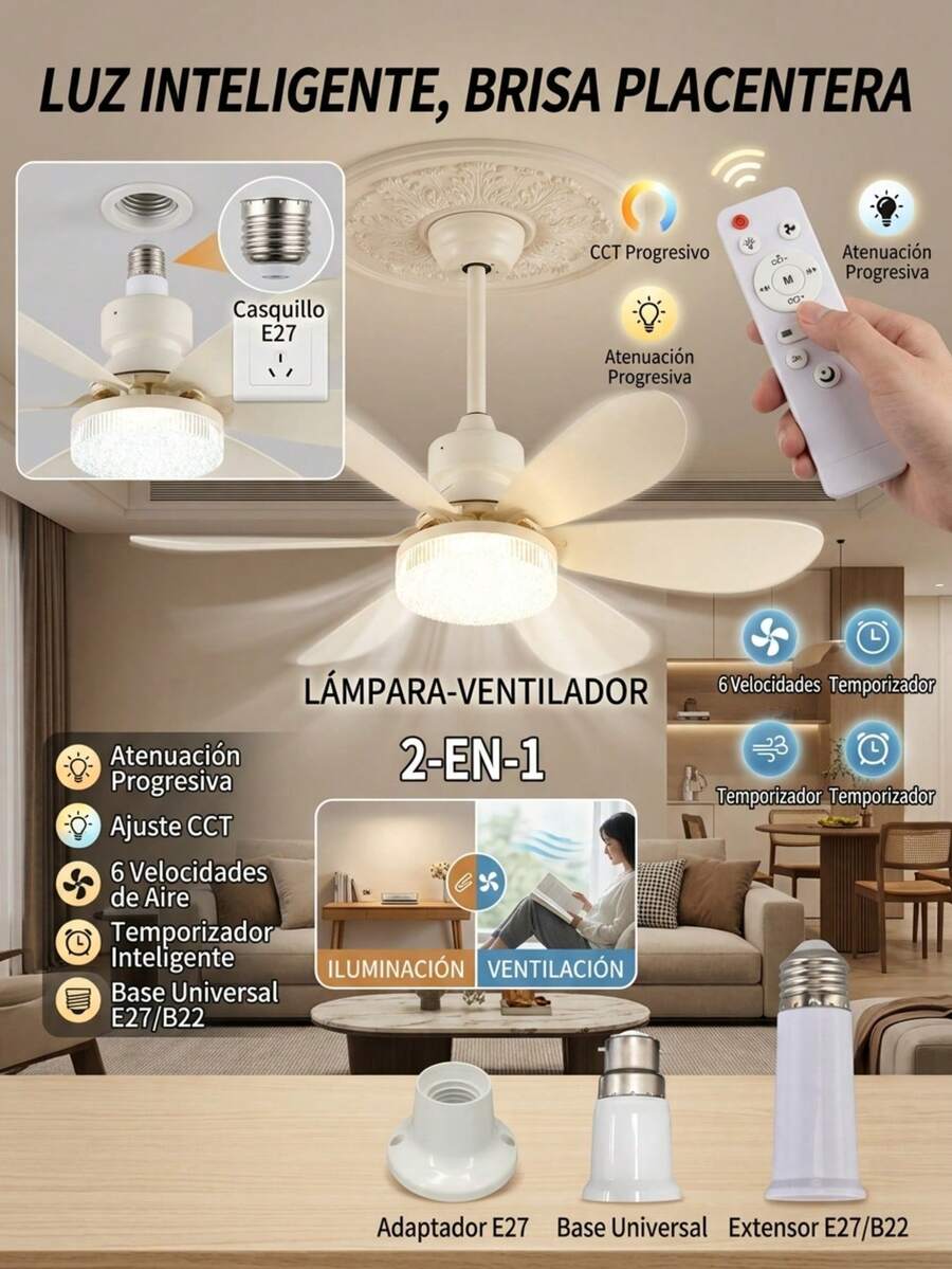 Ventilador con luz 2‑en‑1 base universal E27 B22 con mando a distancia ajuste CCT luz regulable temporizador velocidades ajustables estructura ABS metálica lámpara ventiladora minimalista para habitación sala de estar casa interior - Blanco - Ver 1