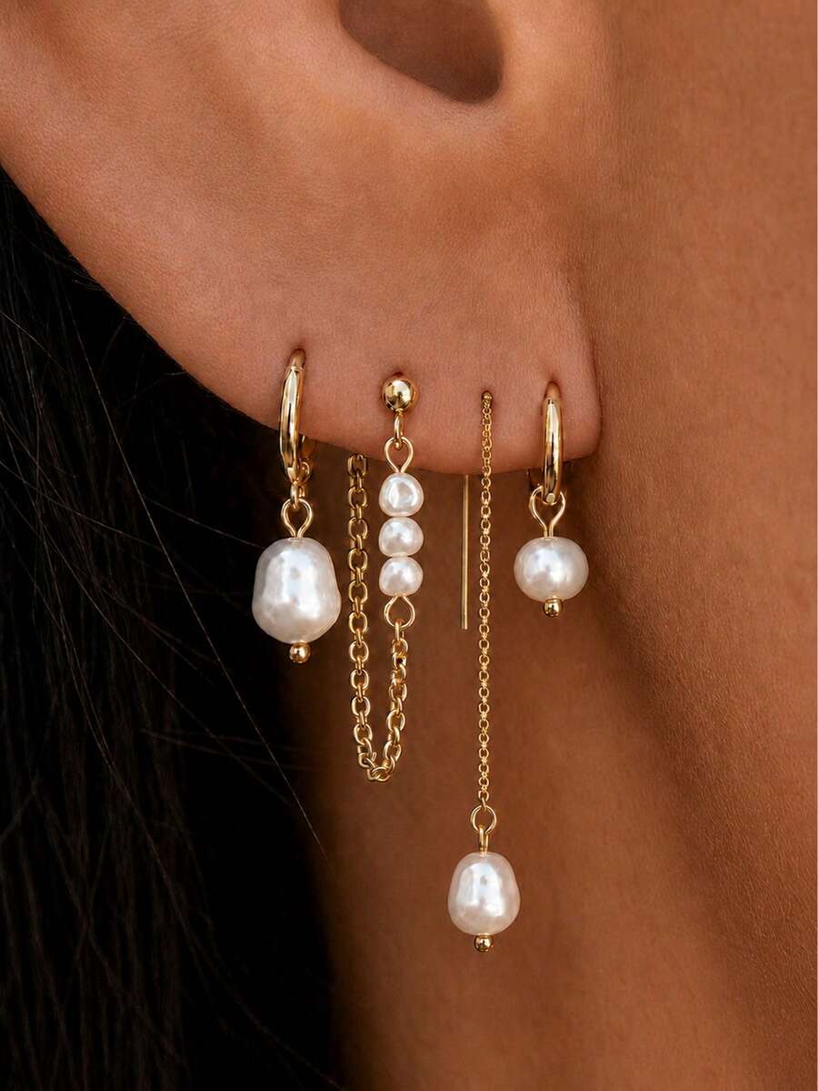 4pcs/Set Fashion Brass KC Gold Plated Baroque Pearl Earrings, Suitable For Daily Wear - Gold - View 1