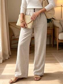 Plus Size Women's Fashion Long Woven Straight Leg Drawstring Pants With Elastic Waistband, Creating Elegant Casual Look - Apricot - View 4