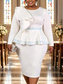 Curvy Women White Elegant Peplum Midi Dress Round Neck Long Sleeve Ruffle Sequin Trim Bodycon Formal Church Party Wedding Guest Fall Outfit - White - View 7