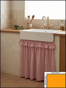 1pc Red And White Thin Striped Sink Skirt, Rustic Country Style Fabric Material, Rectangular Top With Ruffle Edge And Gathered Hem Detail, Covers Sink Underside Space And Decorative Beautification Function, Kitchen Sink Cover Curtain Suitable For Farmhouse Kitchen And Home Decor Scenes - Red - View 11