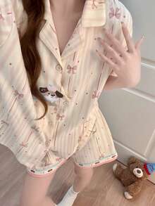 2件組女款睡衣家居服套裝，開襟翻領可愛小狗與蝴蝶結印花短袖時尚休閒短褲，春夏季，易打理面料 - 香檳色 - 查看 2