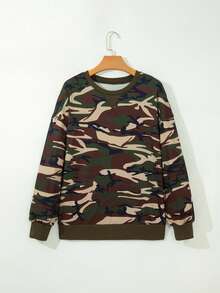Acelitt Women's Camouflage Print Pullover Sweatshirt, Round Neck Ribbed Trim Casual Knit Top, Suitable For Spring And Autumn Vacation - Multicolor - View 5