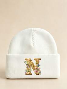 1pc Baby Knitted Hat, Unisex White A-Z Letter Design, Elegant Gold ...