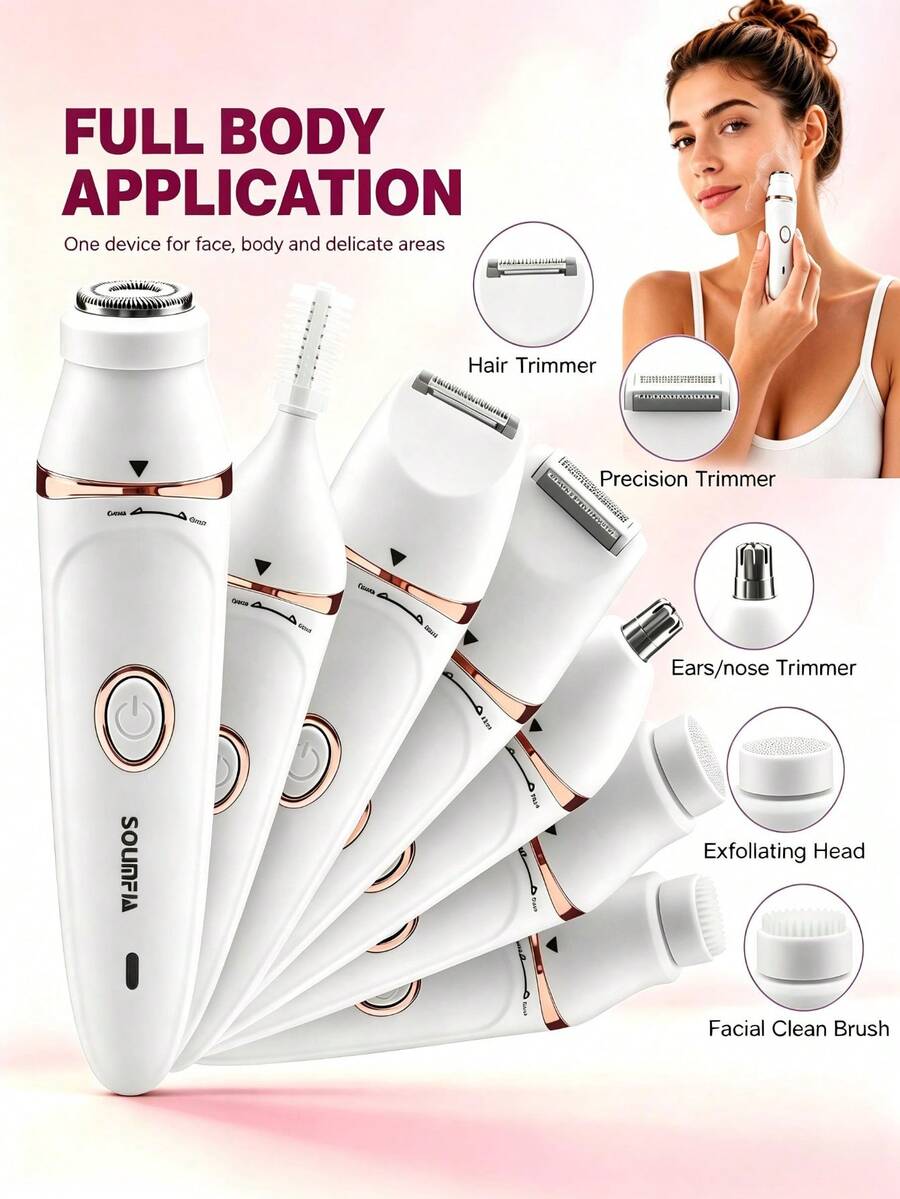 TOUCHBeauty Set Pemangkas Elektrik Multifungsi 7-in-1 untuk Wanita, Dilengkapi Baterai Isi Ulang 220mAh, Alat Pencukur Bulu Wajah Portabel, Alis, Hidung, Bikini, dan Tubuh, Cocok untuk Perjalanan dan Penggunaan di Rumah
