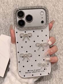 亮片波點亮片手機殼，適用於 iPhone 18ProMax 18Pro 17Air 16 15 14 13 12 11 Pro Max 16 15 14 Plus 16Promax 15Promax，可愛純色夏季糖果色後蓋 - 白色+蝴蝶結 - 查看 2