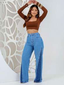 Calça Wide leg   Fofo  Sensual  elegante  Casual    Jeans    Botão  Bolso  Zíper    JEANS   Praia  Férias - Lavagem escura - Visão 4