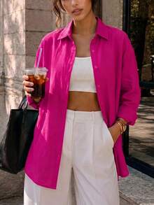 Women's Oversized Long Basic Shirt - Hot Pink - View 3