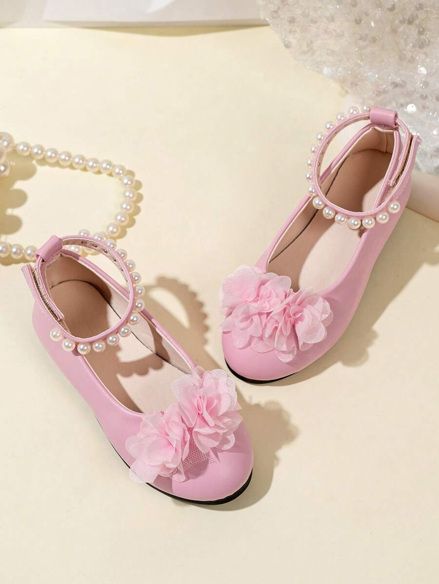 1 Pair Girls' Pearl Flower Mary Jane Shoes, Delicate And Gentle Style, Perfect For Matching With Dresses, Skirts For Performances, Flower Girl, Or Daily Wear!! - Pink - View 1