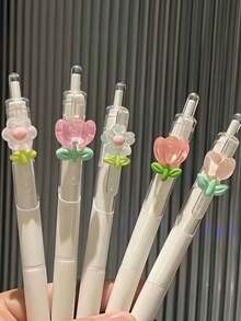 6pcs Floral Theme Neutral Pens, Student Black Ink Ballpoint Pens, Random Color Style, 0.5mm Tip Desktop Decoration, Floral Design, First Day Of School - Multicolor - View 5