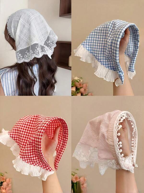 4 piezas Pañuelo triangular de encaje francés con volantes, diadema de cuadros vintage, accesorio para el cabello estético para mujer