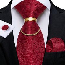 5Pcs Men Red Paisley Jacquard Tie Pocket Square Detachable Gold Chain Cufflinks Ring Set, Cufflinks Random Pattern, Wedding Formal Suit Accessor - Red - View 2