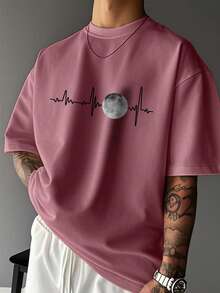 Kaos Pria Lengan Pendek Kasual Leher Bulat dengan Motif EKG dan Bulan - Merah - View 1
