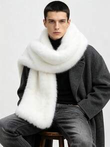 Low-Key Premium Solid Color Men's Long Fur Scarf, Thick Soft Fabric, Intellectual Style Daily Wear Warm Neck Warmer, Oversized Extra Wide Shawl - White - View 2