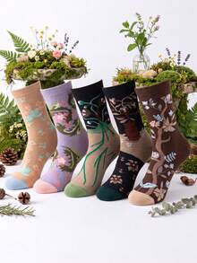 5 Pairs French Romantic Style Floral Print Women's Mid-Calf Socks, Casual Fashion Floral Print Women's Socks, Elegant Women's Socks - Multicolor - View 8