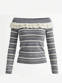 Women's Contrast Color Striped Off-Shoulder Ruffle Long Sleeve Knit Sweater, Slim Fit Flattering Pullover, Versatile For Autumn/Winter - Grey - View 7