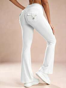 6pecil High Waist Pocket Pleated Flare Leg Sports Pants Fall - Pearl White - View 8