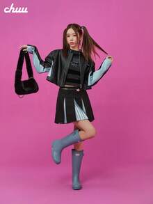 CHUU 女款字母人造 PU 皮革夾克外套 秋季配色拼接休閒百搭拉鍊夾克 - 黑色 - 查看 3