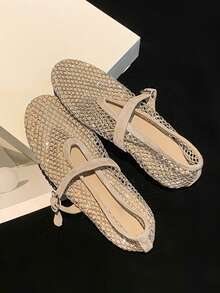 Women's Champagne Gold Mary Jane Ballet Flats, Rhinestone Plaid Mesh Upper, Round Toe, Adjustable Strap, Textured Trim - Gold - View 11