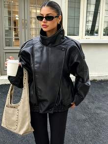 Camellia Loose Fit Oversized Autumn/Winter New Women's Jacket, European And American Style, Minimalist Versatile Faux Leather Coat, Quiet Fall - Black 2 - View 4