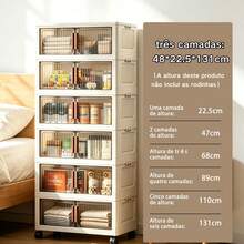 Armário Organizador Multiuso Dobrável 6 Camadas, Largura 48cm Branco Creme, Portas Semitransparentes Fumê à Prova de Poeira, Travas Laterais Empilháveis, Rodinhas 360° com Trava, Organizador Doméstico para Roupas, Brinquedos, Cosméticos, Livros, Utensílios, Quarto, Cozinha e Sala  L - Bege - Visão 6