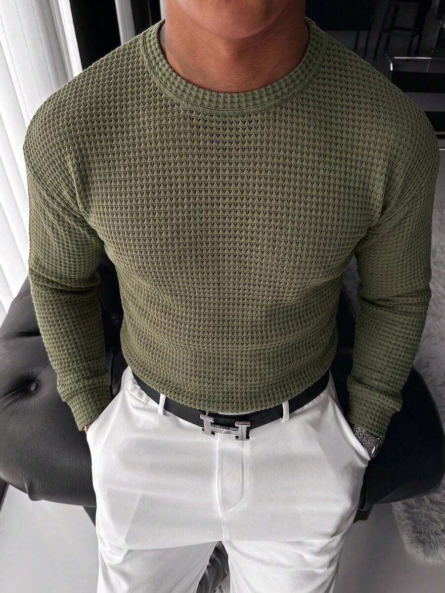 Suéter de hombre versátil con textura, casual para uso diario y desplazamientos, combina con todo - Verde militar - Ver 1