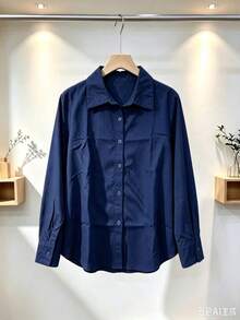 Women's Viscose Linen Shirt With Long Sleeves - Navy Blue - View 3
