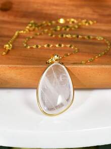 1pc Exquisite Natural Stone Pendant Necklace, Fashionable Gold Stainless Steel Chain, Celestite & Lapis Lazuli Pendant Choker - Multicolor - View 8