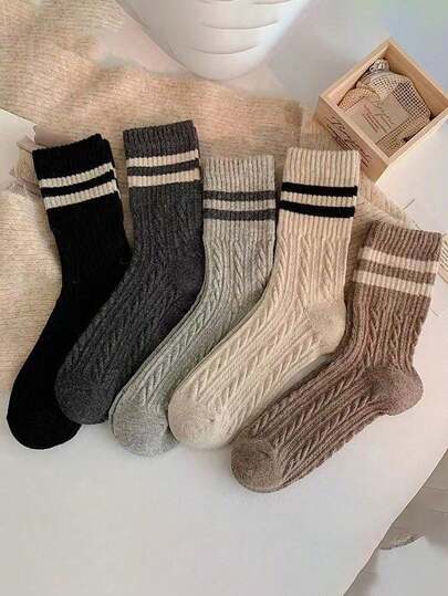 1/5 Pairs Women's Socks, Autumn/Winter/Fall Long Socks Women With Cable Knit Pattern, Comfortable For Going Out And Casual Wear