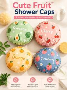 4pcs Cute Fruit Print Shower Cap Set, Waterproof Double Layer Bath Cap, Women & Girls Universal, Reusable Lightweight Hair Protection Cap, One Size Elastic Ruffle Edge, Korean Style Cute Bathroom Accessory, Travel & Home Essential Gift - View 1