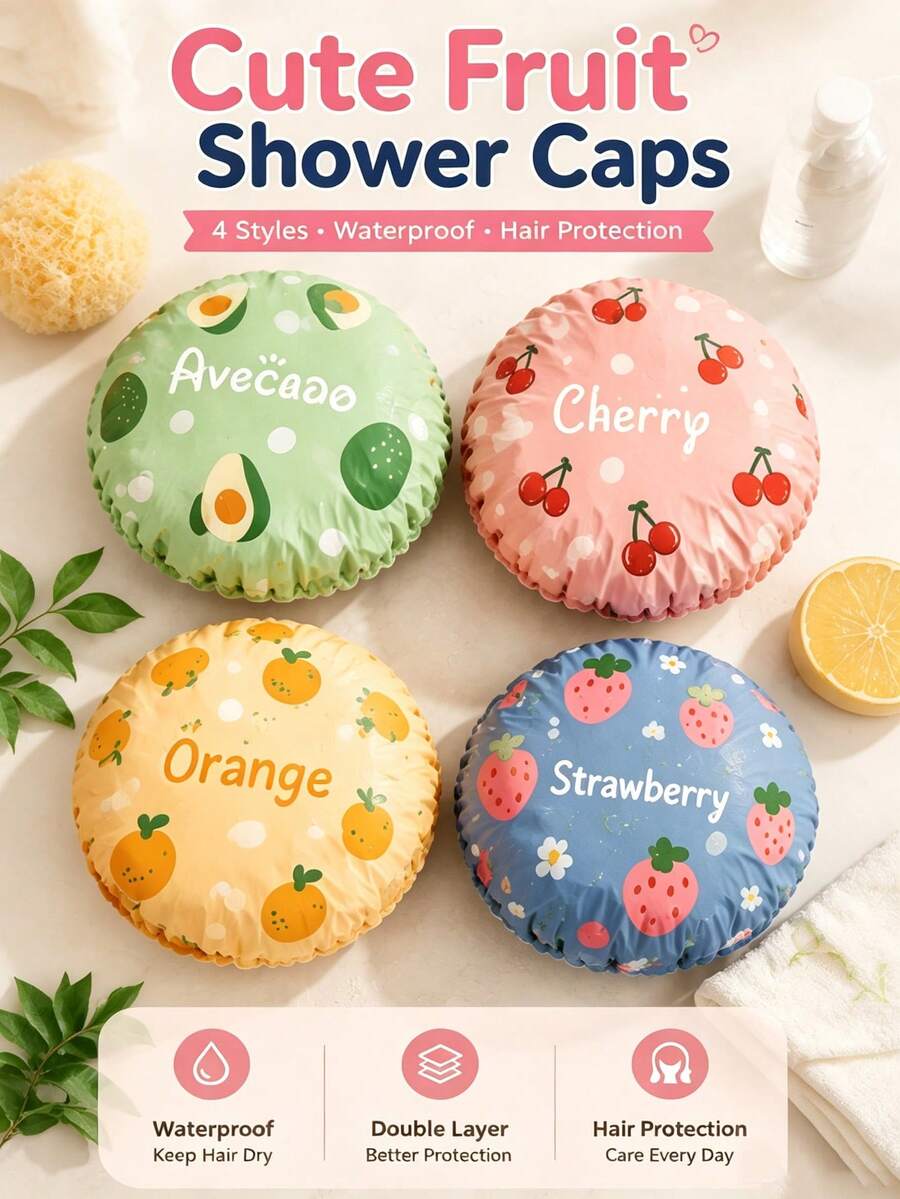 4pcs Cute Fruit Print Shower Cap Set, Waterproof Double Layer Bath Cap, Women & Girls Universal, Reusable Lightweight Hair Protection Cap, One Size Elastic Ruffle Edge, Korean Style Cute Bathroom Accessory, Travel & Home Essential Gift - View 1