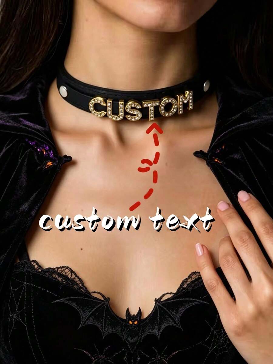 Halloween Goth Black PU Leather Gold Letters Customized Collar Choker Collar Role Age Play Cosplay Personalized Chocker Party Accessories - Multicolor - View 1
