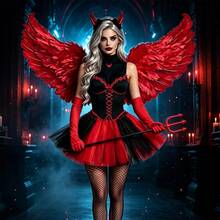1/3/5/6/8件組女性紅色惡魔萬聖節服裝套裝，包含髮箍、手套、裙子、臉部貼紙，適合派對 Cosplay - 紅色 - 查看 6