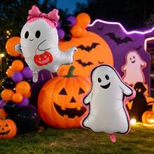 2pcs Cartoon Pink-Edged Ghost & Cute Monster Balloon Set, Halloween Party Atmosphere Decoration Balloons - View 4