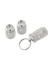 1pc 3-Compartment Pill Box With Rhinestones And Keychain, Metal Morning/Noon/Night Pill Box, Rhinestone Decorated - Multicolor - View 2