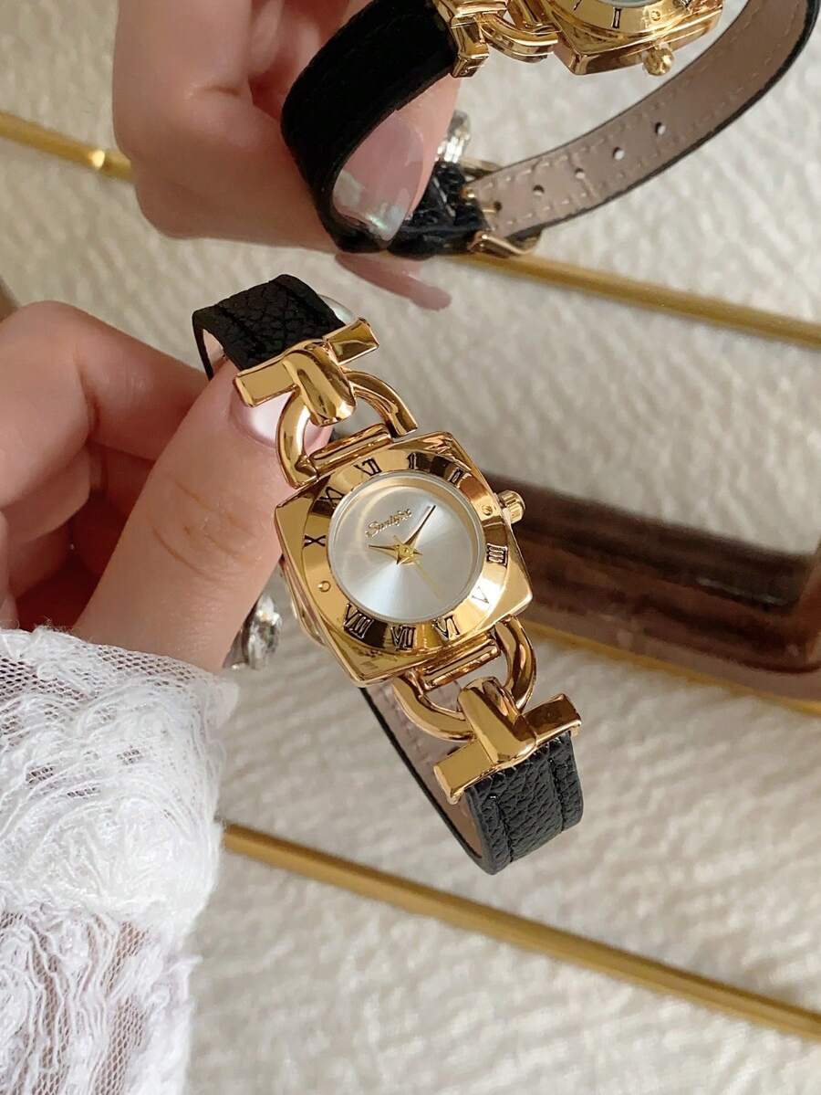 1件女款橢圓羅馬數字休閒優雅石英腕錶,適合日常配戴 - 黑色 - 查看 1