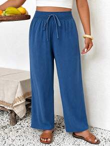 Plus Size Women's Solid Color Drawstring Wide Leg Long Pants, Suitable For Casual Beach Wear - Blue - View 3