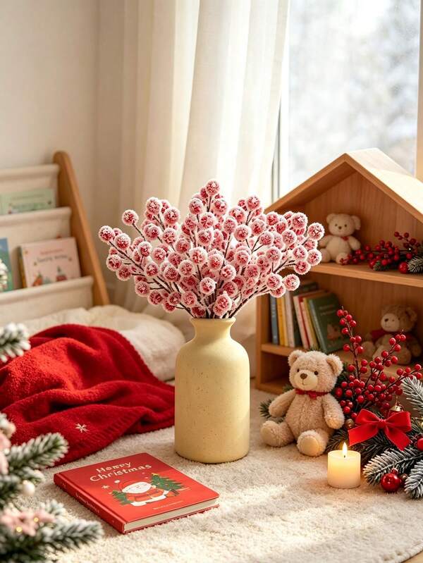 3pcs Artificial Red Berry Branch Paired With Holly Branches, A Faux Plant Bouquet, Suitable For Home Decoration, Wedding Decoration, Christmas Wreaths, Home Decor, And Party Decoration.