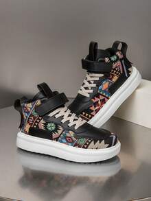 1 Pair Kids' Mid-Top Sneakers, Geometric Pattern Design, Breathable & Comfortable For Indoor/Outdoor Casual Running, Easy Slip-On With Closure, Lightweight & Breathable, Fashion Retro Style For Boys & Girls - Black - View 7
