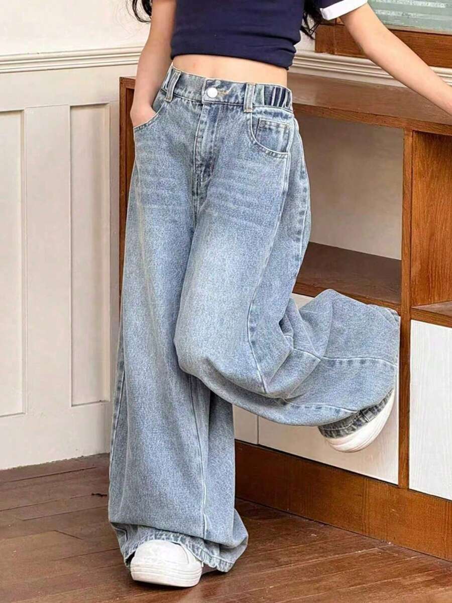 Tween Girl Spring Casual Versatile Daily Wear Wide Leg Denim Jeans With Pockets And Buttons - Blue - View 1