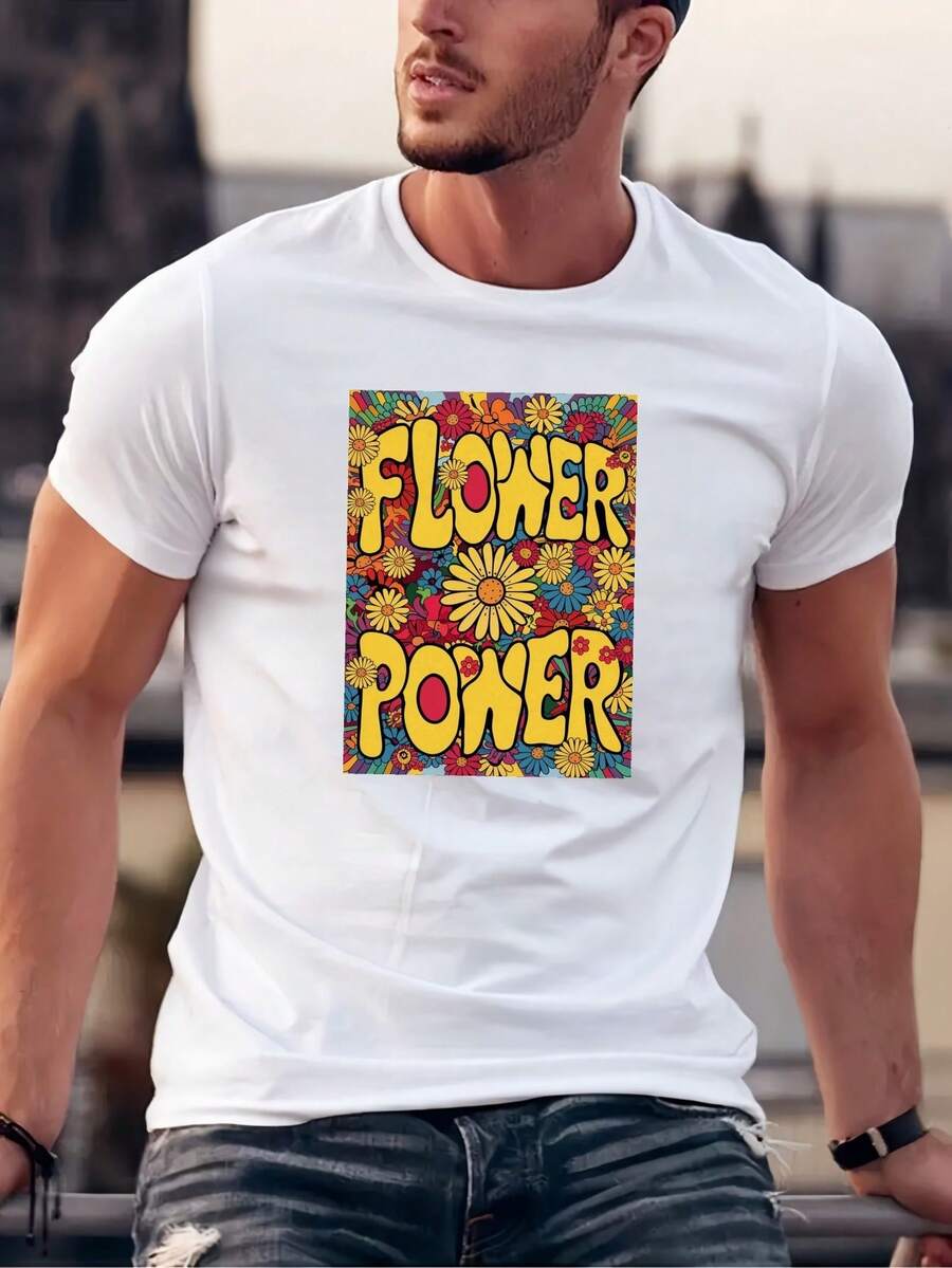 Flower Power Print Tee Shirt, Tees For Men, Casual Short Sleeve T-Shirt For Summer - 白色 - 查看 1