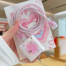 1 Set Gradient Pink All-Over Print Cartoon Puppy Data Cable Protector Set, INS Soft Cute Girl Digital Accessory Multi-Scenario Compatible, Compatible With Apple 18W/20W Fast Charging, Cute Multiple Puppy Print Data Cable Protector Set Portable Digital Gadget, Can Be Given As Birthday, Christmas, New Year Holiday Gift To Family - Gradient Pink Party Dog - View 5