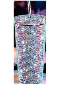 1pc Rhinestone Stainless Steel Insulated Water Bottle - Leak-Proof Portable Travel Cup With Lid, Flat Bottom Straw Cup, Suitable For Outdoor Sports, Fitness, Home, Kitchen, Office, Back To School Students, Christmas Gift For Mom, Girlfriend, Family - Multicolor - View 12