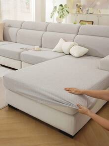 1pc Elastic Jacquard Sofa Seat Cushion Cover, Solid Color Decorative, L-Shaped Sectional Sofa Cover, Independent Sofa Back Cushion Cover, Dirt-Resistant & Anti-Slip & Easy To Wash, Suitable For Living Room Decor, Furniture Protection Cover, Multiple Size Options - Light Grey - View 7