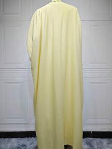 Fashion Hooded Arabic Long Dress With Patchwork Ribbon And Floral Design (Includes Headscarf) - Yellow - View 8